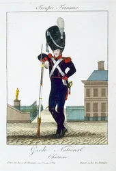 Jägare ur nationalgardet, från Troupes Françaises, utgiven av Basset, Paris, cirka 1790