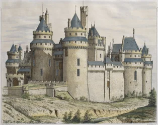 Chateau de Pierrefonds, illustration från Le Moniteur des architectes, graverad av Bosredon (färgstick)