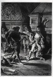 Childebert I (omkring 498-558) vid mordet på sina bröders arvingar år 526 - Childebert I lät Clotaire (Clothaire) massakrera barnen till deras bror Clodomir, kung av Orléans, vars stater de delade, år 526 - gravyr ur „L