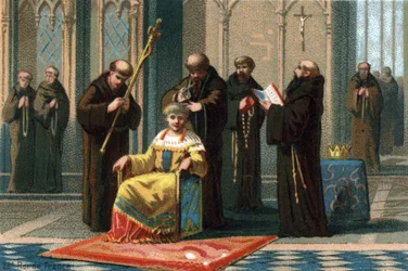 Childeric III, kung från 742 till 752, i klostret Saint Bertin, nära Saint-Omer, där han spärrades in av borgmästaren i det australiensiska palatset, Charles Martel, 737. Kromolitografi omkring 1890.