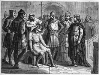 Childerik III, den siste merovingiske kungen, avsattes av Pippin den lille, frankernas kung, och spärrades in i klostret Sithiu nära Saint-Omer år 751. Gravör från 1800-talet.