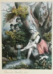 Barn spionerar på en ung flicka som tvättar sina fötter i en bäck. c. 1840 (färglitografi)