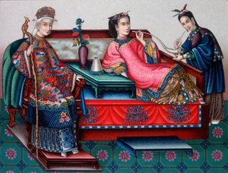 Kinesiska adliga kvinnor som röker opium - i "" Den historiska kostymen"" av Racinet