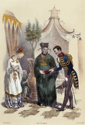 Kineser på besök hos en utländsk militär; illustration till Kina i ”De tolv nationerna” av M. E. Fouinet