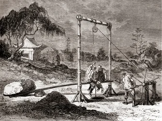 Kinesiska arbetare på 1800-talet grävde en brunn för utvinning av saltvatten, från 
