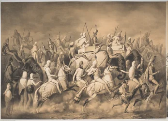 Chir Singh, Maharajah av sikherna och kung av Punjab med sitt följe på jakt nära Lahore, från "Voyages in India", ca 1850 (litho)