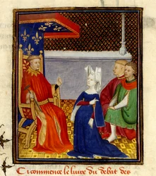 Christine tilltalar Louis d’Orléans, MS Harley 4431, f.58v, Frankrike, c.1410-14 (färg på pergament)
