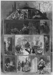 Julafton: tvärsnitt av en parisisk byggnad som presenterar olika sätt att fira nyårsafton. Gravyr i "" Le Monde Illustré"" nr 810 av 19 oktober 1872.