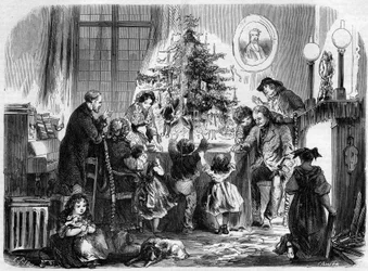 Julfest i Alsace: en familj återförenad runt granen. Gravyr i "" Le Monde Illustré"" nr 38 den 2 januari
