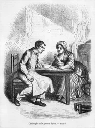 Christophe and the Fat Sylvie, illustration från "Le Pere Goriot" av Honore de Balzac (1799-1850)