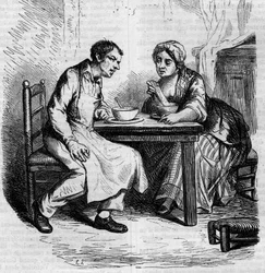 Christophe och den feta Sylvie: tjänare som äter frukost. Gravyr i mitten av 1800-talet. Illustration till "The Father Goriot" av Honore de Balzac (1799-1850).