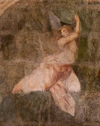 Kyrka (Eglise Saint-Jean-Baptiste). Interiör. Kapellet Saint-Fursy. Muralmålningar. Förhärligandet av Maria (fresque dite de la bonne mort). Början av 1600-talet.