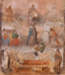 Kyrka (S:t Johannes Döparens kyrka). Interiör. Kapellet Saint-Fursy. Väggmålningar. Förhärligandet av Maria (fresk känd som den goda döden). Börja 1600-talet.