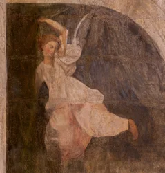 Kyrka (S:t Johannes Döparens kyrka). Interiör. Kapellet Saint-Fursy. Väggmålningar. Förhärligandet av Maria (fresk känd som den goda döden). Börja 1600-talet.