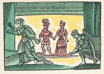 Askungen eller den lilla glastoffeln, från Historier eller berättelser om förflutna tider berättade av Mother Goose, With Morals, av M Perrault, pub. 1925 (handfärgat träblockstryck)