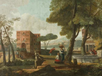 Klassiskt landskap med sfinx, ca 1700 (olja på duk)