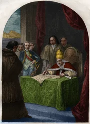 Klemens XIV (Clemente eller Clemens) (1705-1774) upplöser Jesuitorden den 21 juli 1773. Gravyr från 1842 i ”Histoire des popes: crimes, murders, poisonings, parricides, adulteres, incest...” av Maurice Lachatre. Privatsamling.