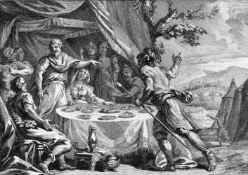 Chlodio den långhårige (cirka 400-448), de saliska frankernas ledare, får höra om överraskningsanfallet av general Aetius trupper, Galliens prefekt, år 432. Gravyr från 1700-talet.