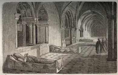 Cloister of Fontevrault med statyer av Henri II - Eleonore de Guyenne - gravyr i "Histoire de France" av Victor Duruy (1811-1894) - 1882