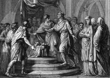 Clotaire (Clothaire) II (584-628), presiderande över den första "Champ de mars", eller Placita (Plaids), ett ambulerande parlament, efter återföreningen av de fyra kungadömena i Frankrike 613. Gravyr från 1700-talet.