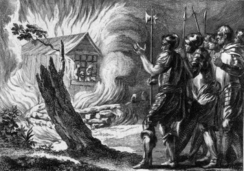 Clotaire (Clothaire) I (497-561), kung av frankerna, lät bränna sin son Chramne i en stuga, som gjorde uppror mot honom och hans familj. Ca 560. Gravyr från 1700-talet.