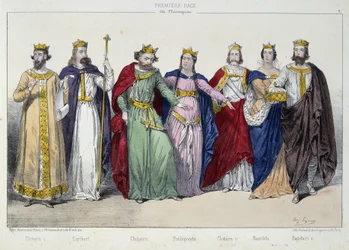 Clotaire (Clothaire) I, Caribert, Chilperic, Fredegonde, Clotaire II, Nantilde, Dagobert I - i "La monarchy francaise en estampes" ”