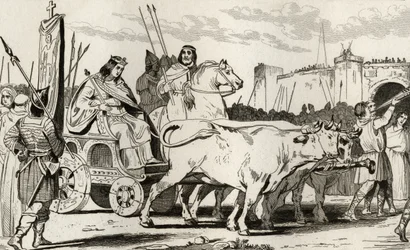 Clovis III (682-95) i en vagn dragen av oxar, med Pepin II av Herstal (c.714) Riding Alongside Him, från 