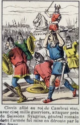 Clovis, allierad med kungen av Cambrai, kom, med 5000 krigare, för att anfalla nära Soissons Syagrius, den romerske generalen, vars armé besegrades av den frankiske kungen.