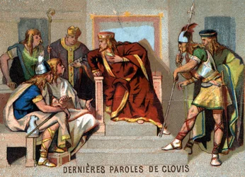 Clovis sista ord: "" Jag är olycklig! Jag förblir som en resenär bland främlingar och jag har inte längre föräldrar som kan stödja mig om motgångar kommer." Chromolithography of the Series "" Patriotic Education through Image"".