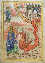 Cod. Guelf. 1 Gud. lat. (14v), Skökan från Babylon, Styggelsernas Moder, möter Uppenbarelsebokens odjur, ur Liber Floridus av Lambert av Saint-Omer, cirka 1120