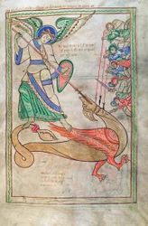 Torsk. Gulf. 1 Gud. lat. 15r, Saint Michael Fighting the Dragon, från Liber Floridus av Lambert de Saint-Omer c.1120