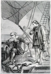 Columbus bunden som skurk (på fartygsdäck), ill. "" Discovery de la Terre"" av Jules Verne, red. Hetzel, n.d. 19:e.