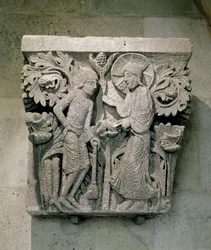 Kolumnhuvud som föreställer Kristus och Jakob den mindre, c.1125-30 (kalksten)
