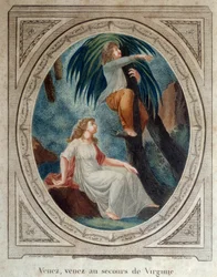 Kom igen, hjälp Virginia. Illustration till romanen "Paul and Virginie" av Bernardin de Saint Pierre (1737-1814). Gravyr från 1790. La Rochelle, New World Museum