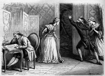 Comedie Francaise: representation av "" The Abbe of the Sword"" av Jean Nicolas (Jean-Nicolas) Bouilly (1763-1842). Gravyr från 1867-1868.