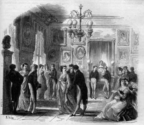 Comedie Francaise: utsikt över konstnärernas foajé med komikerna Francois-Joseph (Francois Joseph) Talma (1763-1826) och Anne Boutet, dit Mademoiselle Mars (1779 - 1847), fransk komiker. Gravyr från 1867-1868.