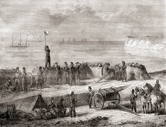 Kommunikation mellan ett fartyg som anlöper hamn och de landsatta trupperna med hjälp av flagg-semafor-telegrafisystemet, från Les Merveilles de la Science, publicerad ca 1870 (gravyr)