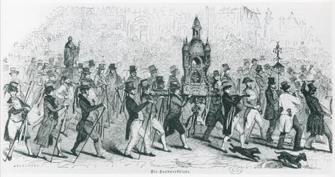 Följeslagare i Tour de France firar, ca. 1845 (gravyr) (s/v foto)