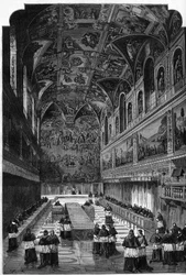 Konklaven 1878: utsikt över Sixtinska kapellets inre under omröstningen om att välja påven Pius IX:s efterträdare, Leon XIII. Gravyr i "" Le Monde Illustré"" nr 1095 av 23 mars 1878.