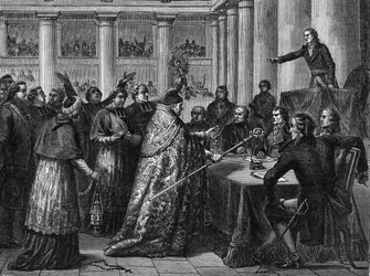 Concordat of 1801 - Underskrift av Concordat mellan Frankrike (i närvaro av Napoleon Bonaparte) och Saint Siege (Saint Siege) (gravyr)