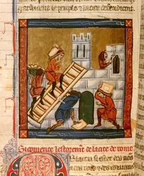 Byggandet av Rom. Miniatyr av manuskriptet "Histoire ancienne à la Cesar", omkring 1260-1270 skriven av en kontorist i tjänst vid Roger IV:s hov, Chatelain av Lille (1208-1230), författaren kan vara för några av Denains Wauchier. Dijon, Munici