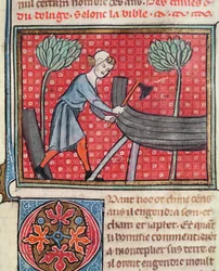 Konstruktion av en båt, från Bible Historiale av Guiart des Moulins