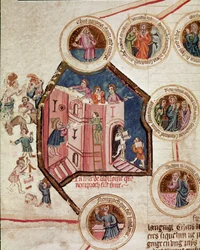 Byggplatsen för Babels torn i Babylon Sidan är hämtad från manuskriptet "Genealogy de la Bible" från den franska skolan. 1300-talet Cremone, biblioteca governativa