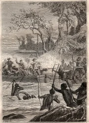 Fortsättning med pilar: Resa av Philip Carteret eller Philippe de Carteret (1733-1796) på öarna Santa Cruz, Notemely till ön Nendo (Santa Cruz, Ndeni, Nitendi eller till och med Ndende), 1767 - illustration hämtad från "The Great Mariners of the 18
