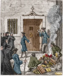 Dom av Societe des Jesuites efter beslutet av Parlement de Paris av den 6 augusti 1762. Domstolen beordrade att mer än 24 böcker och böcker gjorda av jesviterna skulle brännas av bödeln. Gravyr av 1800-talet.