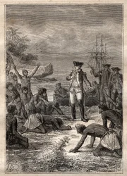 Cooks mottagning av de infödda - James Cooks tredje resa - Cook välkomnad av de infödda - James Cooks tredje resa i Stilla havet - illustration hämtad från "The Great Mariners of the 18th century" av Jules Verne