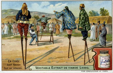 Coree: kvinnlig sport att hoppa på styltor - chromo Liébig, v.1900