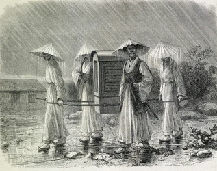 Coreens klär sig i en palankin (coreens regndräkt) som bär en stol. Illustration hämtad från "An expedition in Korea" av H. Zuber, f.d. sjöofficer (1866) - i "Tour du Monde".