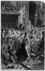 Kejsar Otto I:s (912-973) kröning av påve Johannes XII år 962. Gravyr i ”Påvarnas, kungarnas, drottningarnas och kejsarnas historia genom århundradena” av Maurice La Châtre.