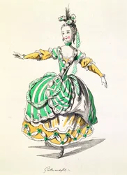 Kostymdesign för Phrygienne, i Dardanus, ett libretto av Leclerc de Labruere, komponerat av Jean-Philippe Rameau (1683-1764) faksimil av A. Guillaumot Fils (färgstick)